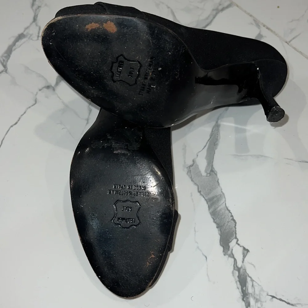 Stuart Weitzman Black Satin Jewel Embellished Peep toe pumps shoes size 6.5 M - Picture 9 of 15